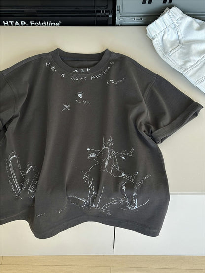 ダークグレーの半袖コットンTシャツ、フロントに動物のグラフィックプリント