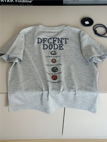 杢グレー半袖Tシャツ、胸中央に英字ロゴプリント