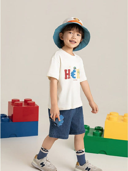 キッズ用Tシャツ＆デニムショートパンツセット（白Tプリント、濃紺デニム短パン）