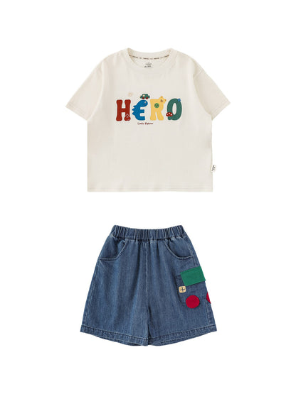 子ども用Tシャツ＆デニムショートパンツセット 白のTシャツと濃紺デニムの短パン