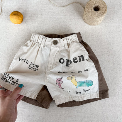 ホワイトのプリントショートパンツ、フロントに“open”文字と動物イラスト、ゴム仕様