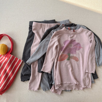 グラフィック長袖パジャマセット（ピンクとグレーのトップス＆ロングパンツ）