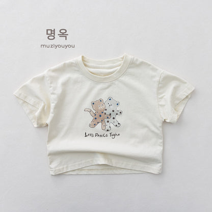 白の半袖Tシャツ、キャラクターと英字メッセージプリント