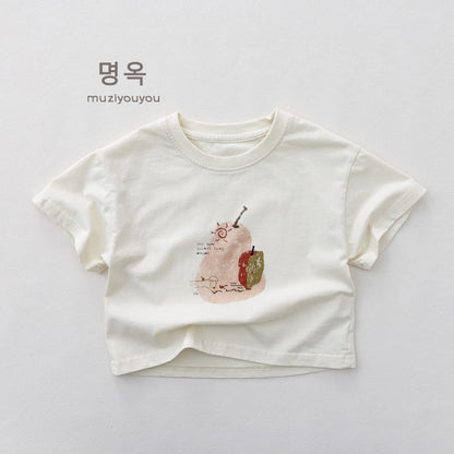 白の半袖Tシャツ、カタツムリ風キャラクタープリント