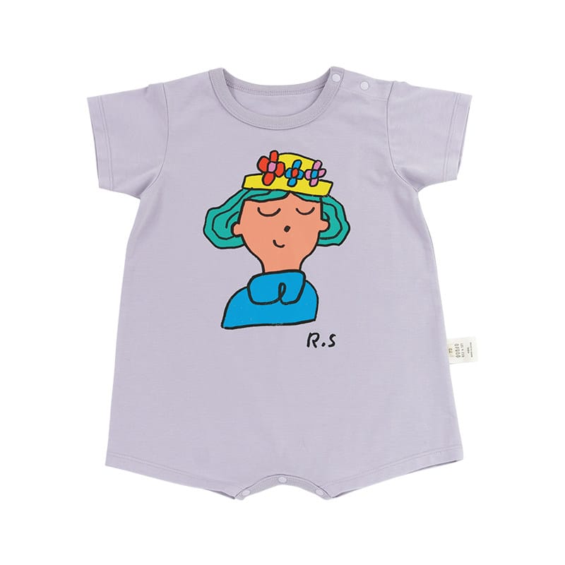 Graphic Printed Lyocell Cotton Romper イラスト 半袖ロンパース【mh0013101】 Moss flower purple girl wearing a straw hat / 66cm RICE & SKY 半袖ロンパース