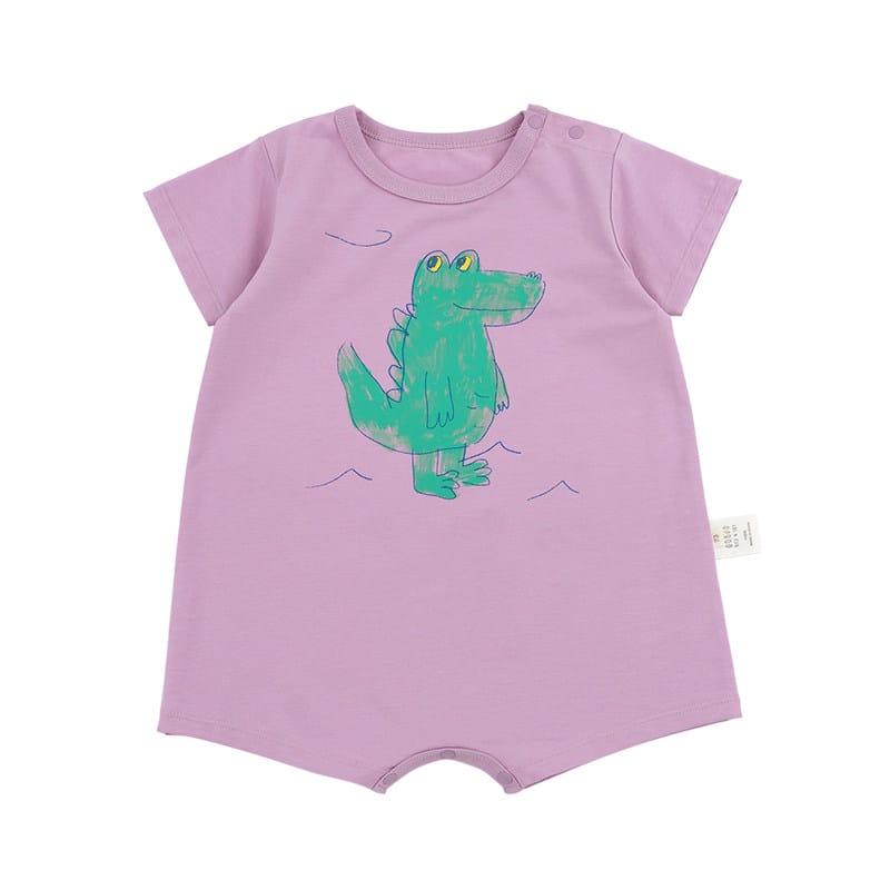 Graphic Printed Lyocell Cotton Romper イラスト 半袖ロンパース【mh0013101】 Neon Pink Crocodile / 66cm RICE & SKY 半袖ロンパース