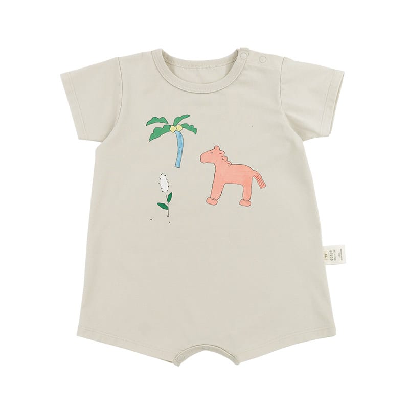 Graphic Printed Lyocell Cotton Romper イラスト 半袖ロンパース【mh0013101】 Sea salt white pony / 66cm RICE & SKY 半袖ロンパース