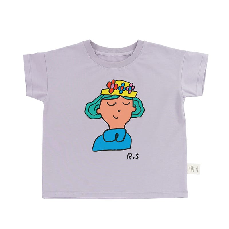 Graphic Printed Lyocell Cotton T-shirt イラスト 半袖Tシャツ【mh0013100】 Moss flower purple girl wearing a straw hat / 80cm RICE & SKY 半袖Tシャツ