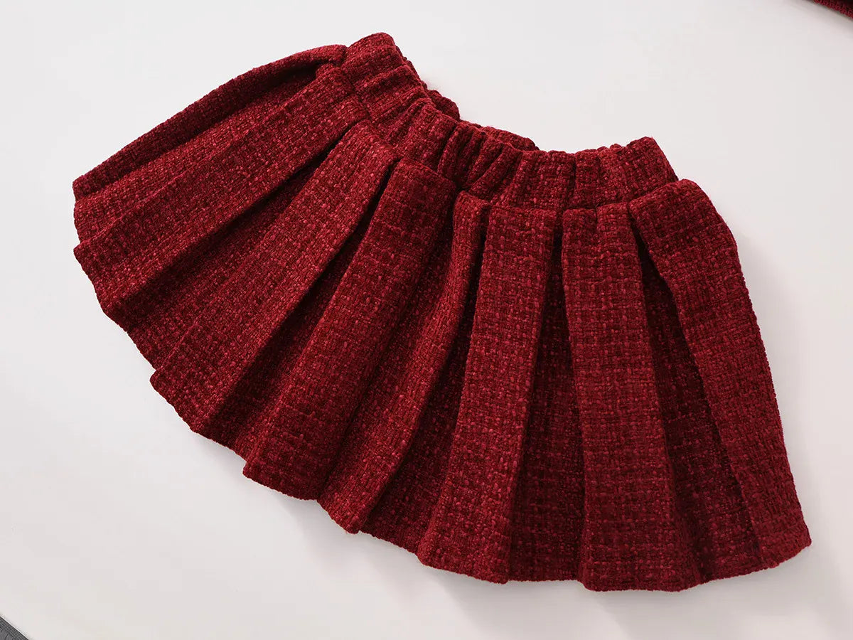 長袖セットアップ キッズスーツセットアップ 2点セット ツイードバイピングジャケット+プリーツスカート レッド【mh0007499】