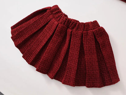 長袖セットアップ キッズスーツセットアップ 2点セット ツイードバイピングジャケット+プリーツスカート レッド【mh0007499】