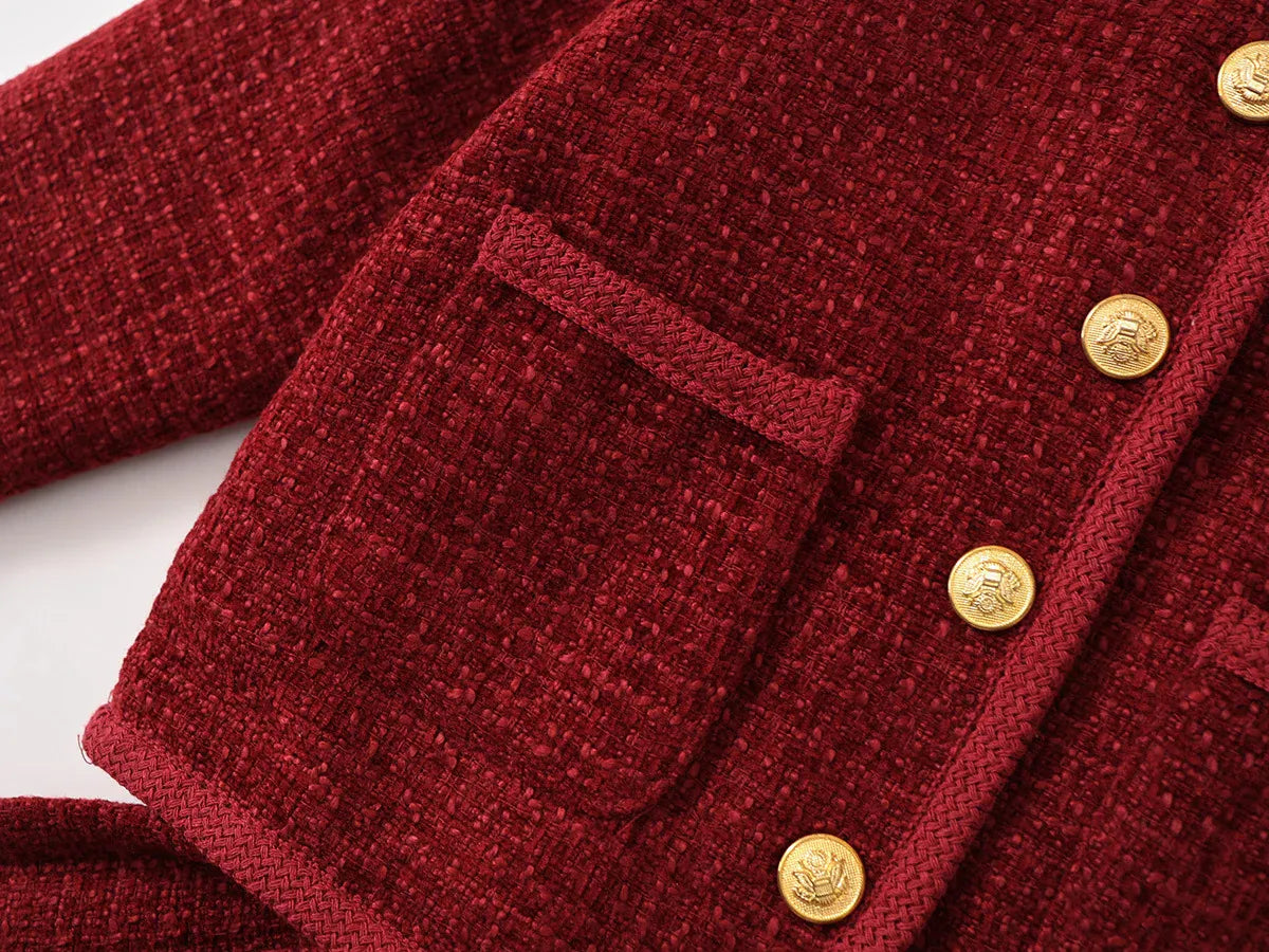 長袖セットアップ キッズスーツセットアップ 2点セット ツイードバイピングジャケット+プリーツスカート レッド【mh0007499】