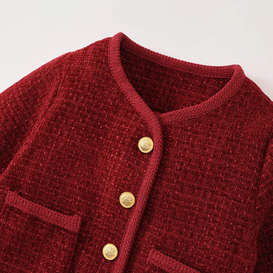 長袖セットアップ キッズスーツセットアップ 2点セット ツイードバイピングジャケット+プリーツスカート レッド【mh0007499】