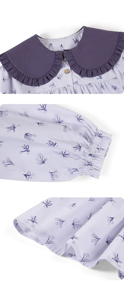 長袖ワンピース 長袖ワンピース 綿100% ビッグカラー 小花柄 プリンセスライン【mh0011333】