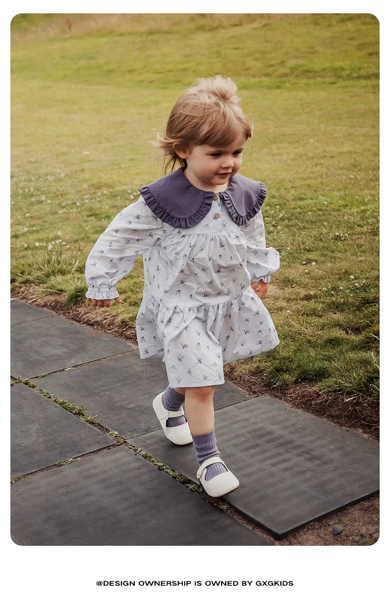 長袖ワンピース 長袖ワンピース 綿100% ビッグカラー 小花柄 プリンセスライン【mh0011333】