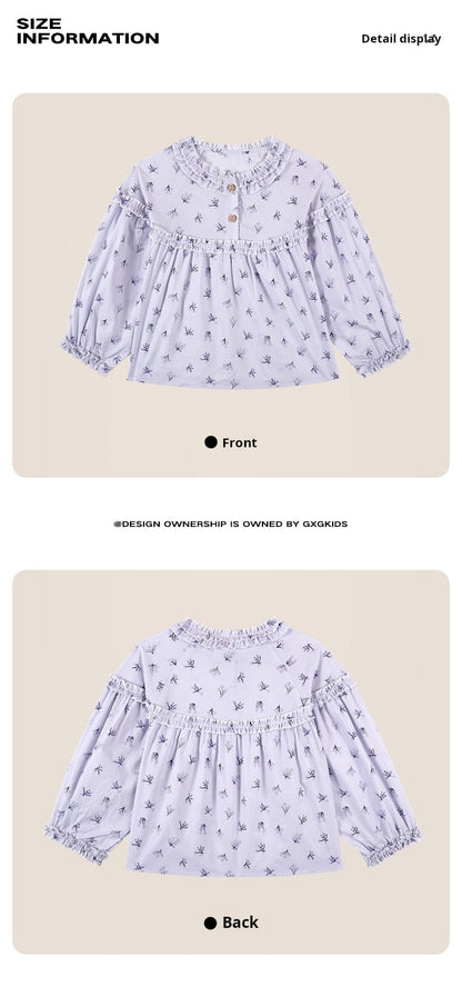 長袖シャツ・ブラウス 長袖ブラウス 綿100% 小花柄 フリルネック ゆるシルエット【mh0011334】