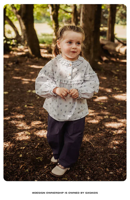 長袖シャツ・ブラウス 長袖ブラウス 綿100% 小花柄 フリルネック ゆるシルエット【mh0011334】