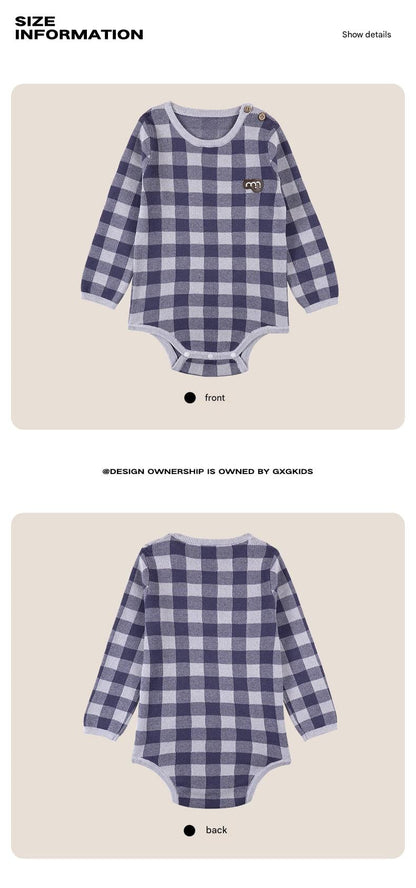 長袖ロンパース 長袖ロンパース/ボンネット帽子 綿100% ニット素材 チェック柄 ベビー【mh0011339】