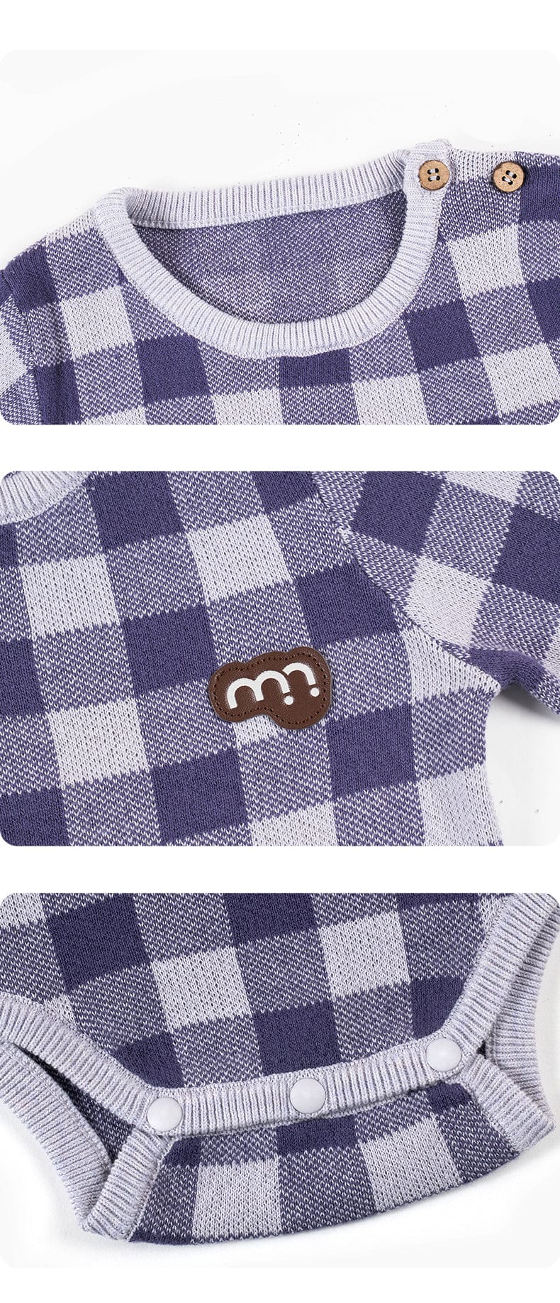 長袖ロンパース 長袖ロンパース/ボンネット帽子 綿100% ニット素材 チェック柄 ベビー【mh0011339】