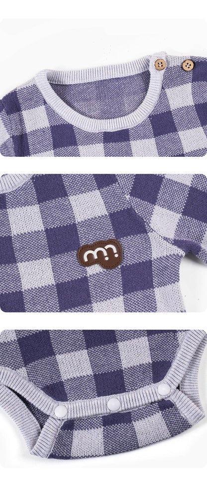 長袖ロンパース 長袖ロンパース/ボンネット帽子 綿100% ニット素材 チェック柄 ベビー【mh0011339】