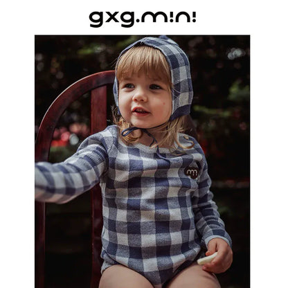 長袖ロンパース 長袖ロンパース/ボンネット帽子 綿100% ニット素材 チェック柄 ベビー【mh0011339】