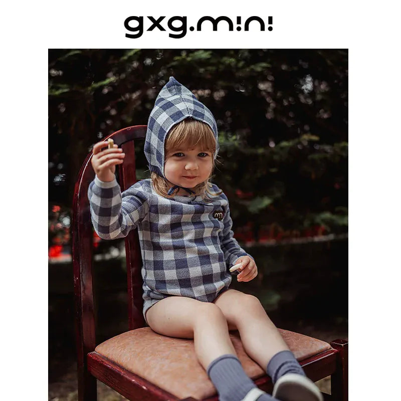 長袖ロンパース 長袖ロンパース/ボンネット帽子 綿100% ニット素材 チェック柄 ベビー【mh0011339】
