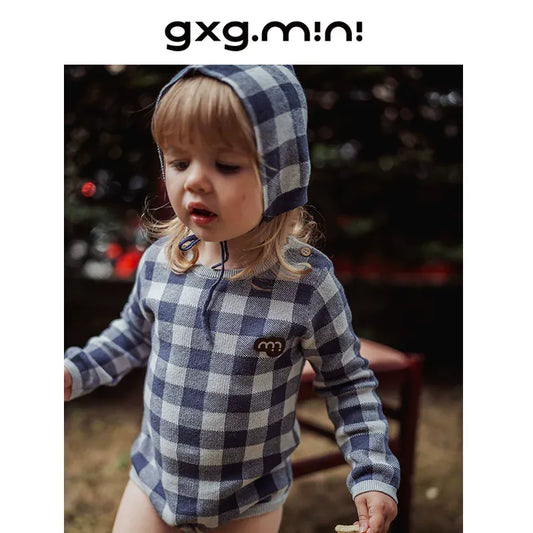 長袖ロンパース 長袖ロンパース/ボンネット帽子 綿100% ニット素材 チェック柄 ベビー【mh0011339】