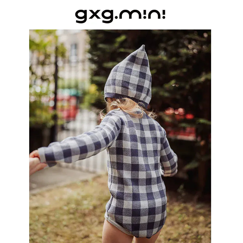 長袖ロンパース 長袖ロンパース/ボンネット帽子 綿100% ニット素材 チェック柄 ベビー【mh0011339】
