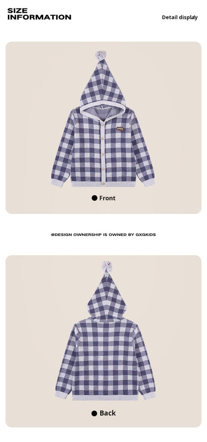 カーディガン・パーカー 長袖フーディーカーディガン 綿100% ニット素材 チェック柄 ボタン留め【mh0011340】