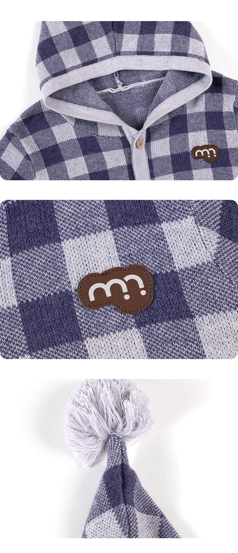 カーディガン・パーカー 長袖フーディーカーディガン 綿100% ニット素材 チェック柄 ボタン留め【mh0011340】