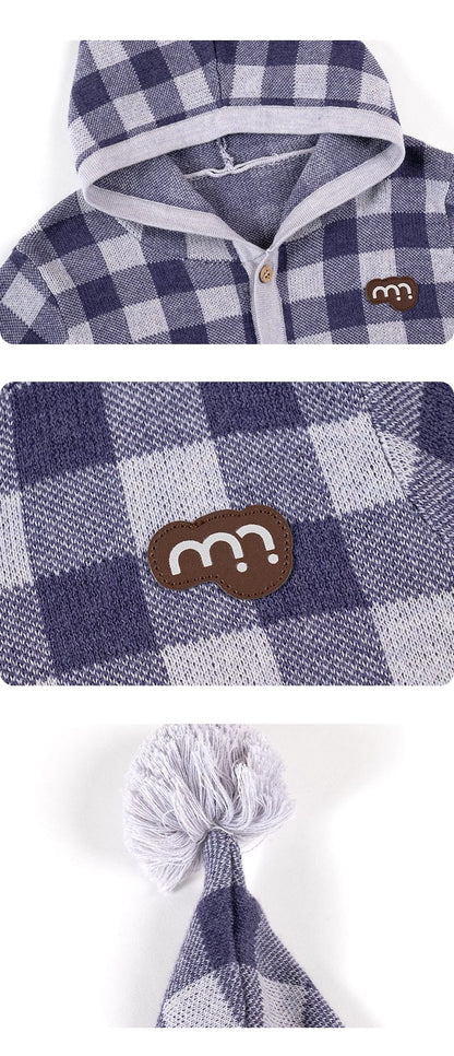 カーディガン・パーカー 長袖フーディーカーディガン 綿100% ニット素材 チェック柄 ボタン留め【mh0011340】