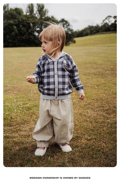 カーディガン・パーカー 長袖フーディーカーディガン 綿100% ニット素材 チェック柄 ボタン留め【mh0011340】