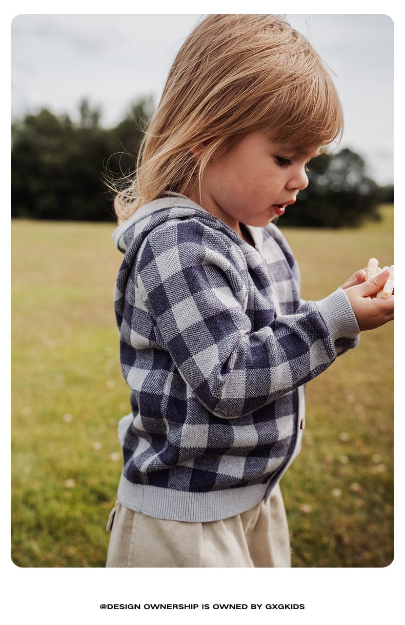 カーディガン・パーカー 長袖フーディーカーディガン 綿100% ニット素材 チェック柄 ボタン留め【mh0011340】