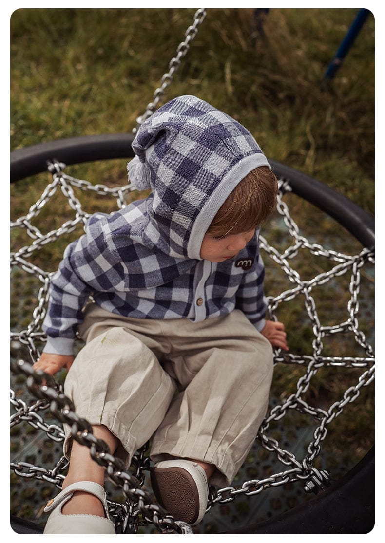 カーディガン・パーカー 長袖フーディーカーディガン 綿100% ニット素材 チェック柄 ボタン留め【mh0011340】