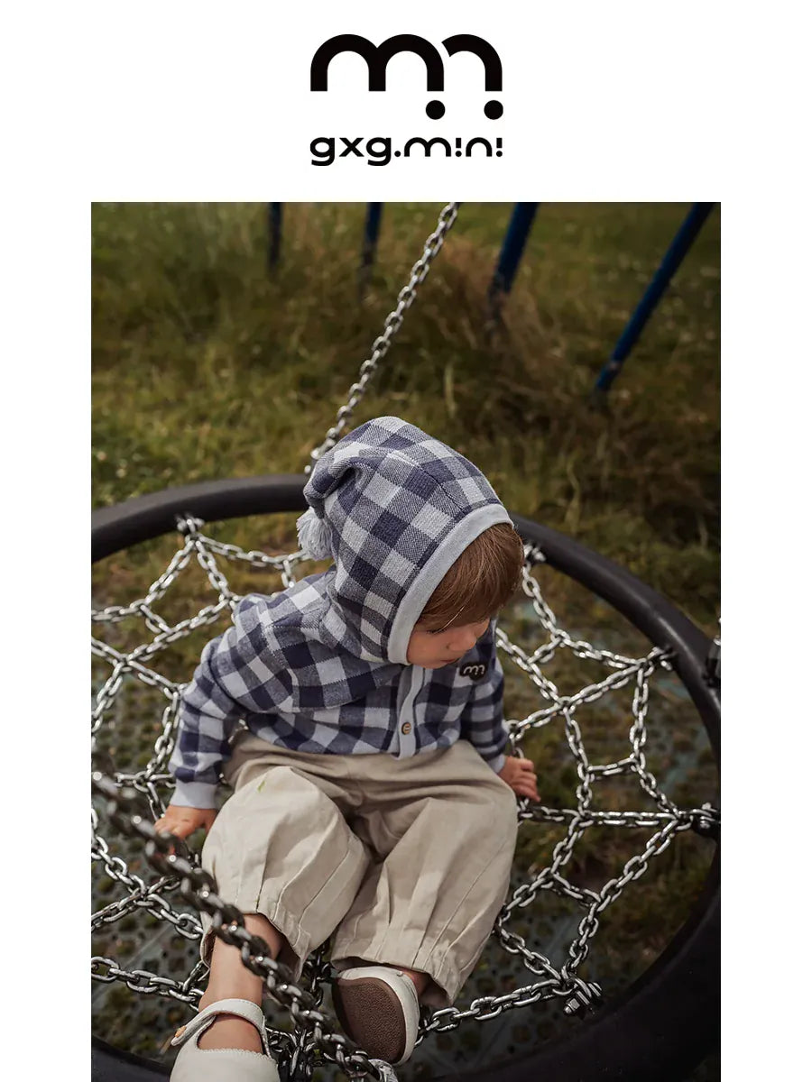 カーディガン・パーカー 長袖フーディーカーディガン 綿100% ニット素材 チェック柄 ボタン留め【mh0011340】