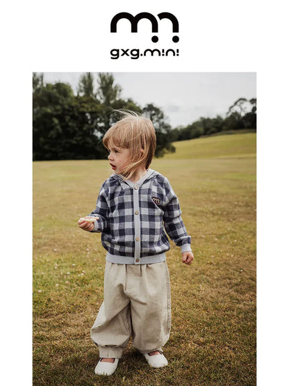 カーディガン・パーカー 長袖フーディーカーディガン 綿100% ニット素材 チェック柄 ボタン留め【mh0011340】