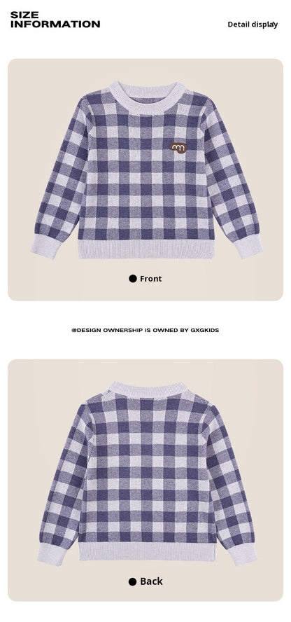 ニット・セーター 長袖ニットセーター 綿100% チェック柄 クルーネック シンプル【mh0011341】