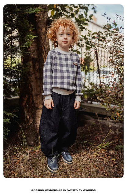 ニット・セーター 長袖ニットセーター 綿100% チェック柄 クルーネック シンプル【mh0011341】