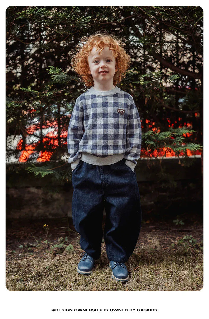 ニット・セーター 長袖ニットセーター 綿100% チェック柄 クルーネック シンプル【mh0011341】