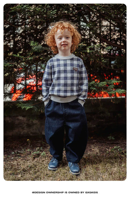 ニット・セーター 長袖ニットセーター 綿100% チェック柄 クルーネック シンプル【mh0011341】