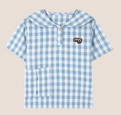 半袖シャツ・ブラウス Blue Gray / 90cm navy collar plaid top【mh0009513】