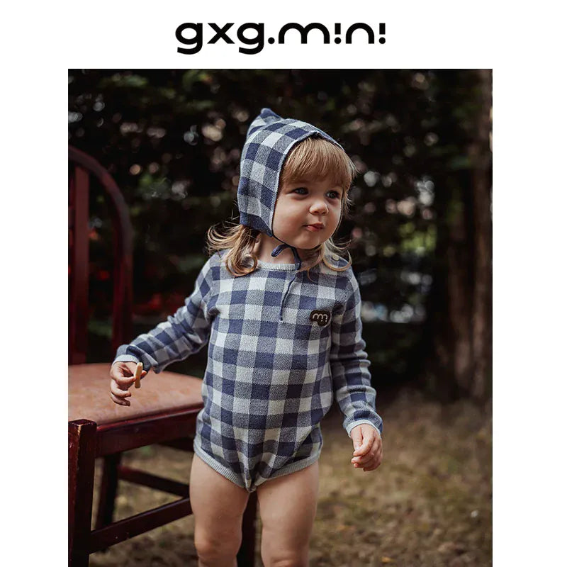 長袖ロンパース Bodysuit / 73cm 長袖ロンパース/ボンネット帽子 綿100% ニット素材 チェック柄 ベビー【mh0011339】