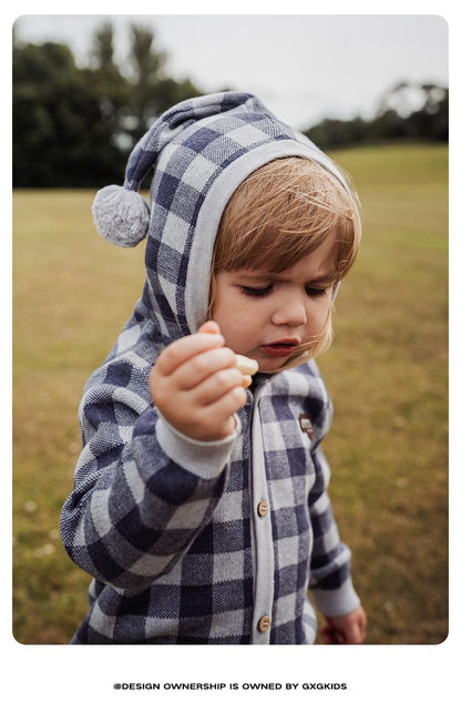 カーディガン・パーカー Dark Purple / 73cm 長袖フーディーカーディガン 綿100% ニット素材 チェック柄 ボタン留め【mh0011340】