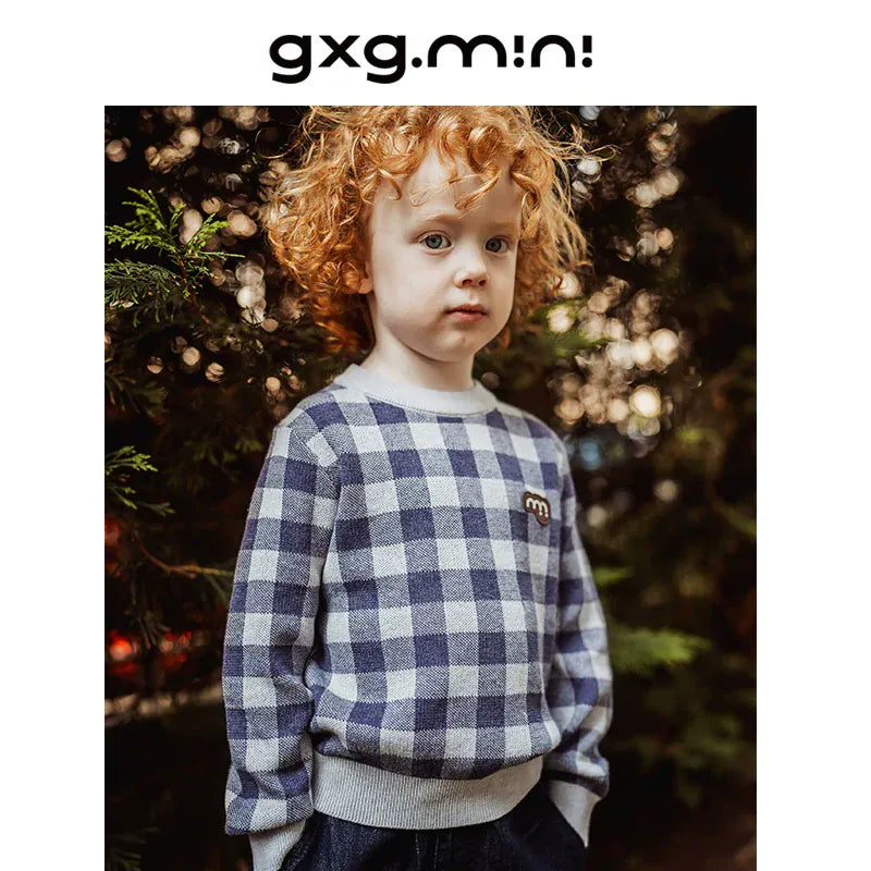 ニット・セーター Dark Purple / 90cm 長袖ニットセーター 綿100% チェック柄 クルーネック シンプル【mh0011341】