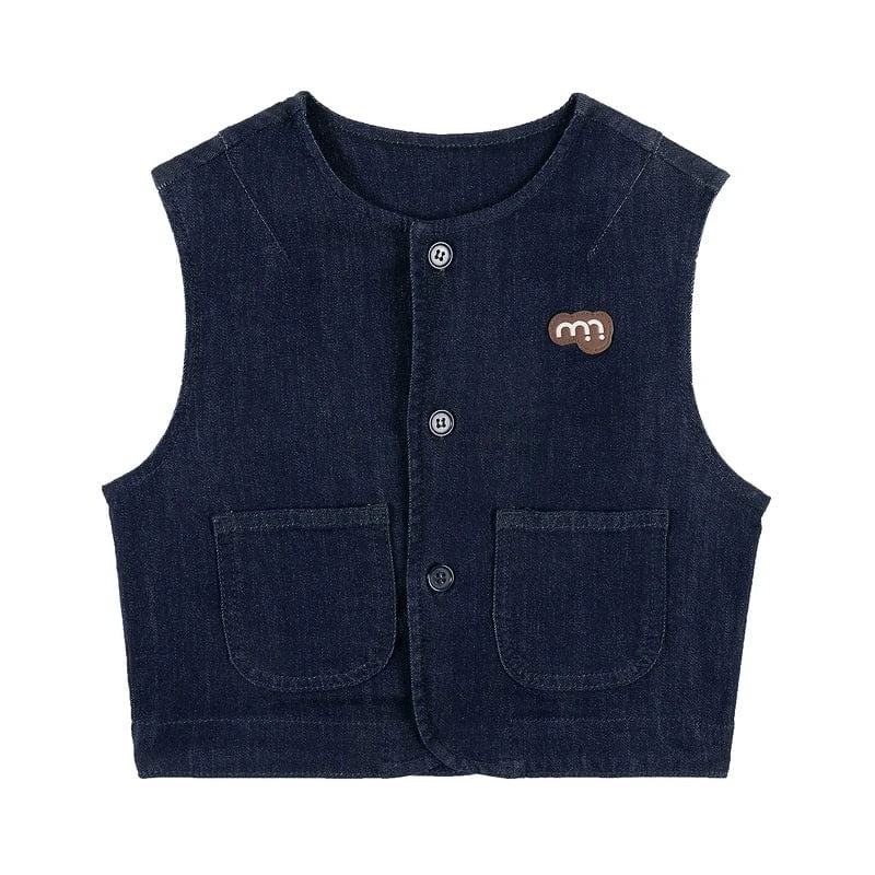 ベスト Denim Blue / 90cm ベスト デニム素材 ノーカラー ボタン留め ゆったり アウター【mh0011322】