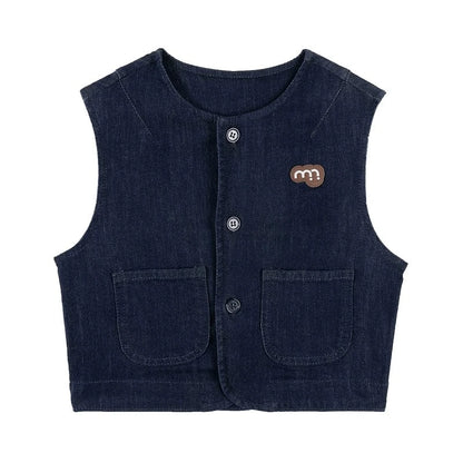 ベスト Denim Blue / 90cm ベスト デニム素材 ノーカラー ボタン留め ゆったり アウター【mh0011322】