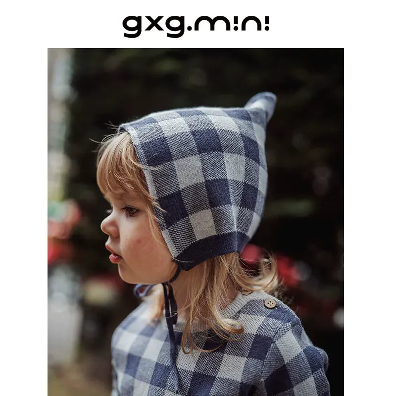 長袖ロンパース Hat / One Size 長袖ロンパース/ボンネット帽子 綿100% ニット素材 チェック柄 ベビー【mh0011339】