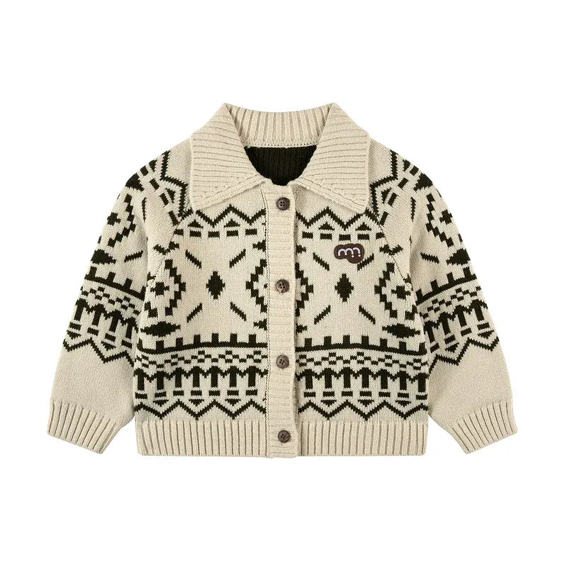 カーディガン・パーカー Khaki / 90cm 長袖カーディガン フェアアイル柄 ニット素材 襟付きジャケット ボタン【mh0011310】