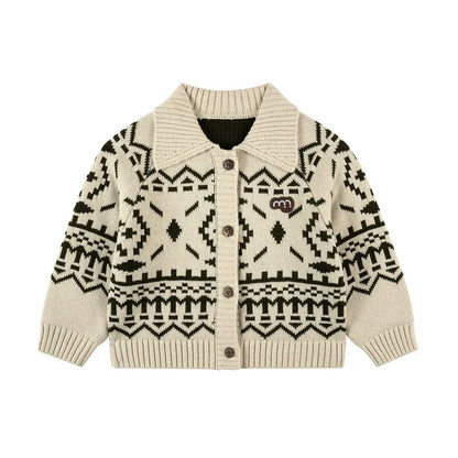 カーディガン・パーカー Khaki / 90cm 長袖カーディガン フェアアイル柄 ニット素材 襟付きジャケット ボタン【mh0011310】