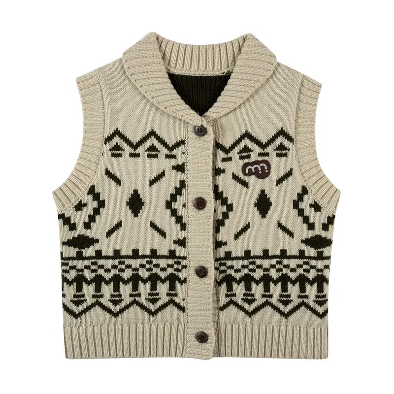 ベスト Khaki / 90cm ニットベスト フェアアイル柄 ウール混紡 Vネック プルオーバー【mh0011313】