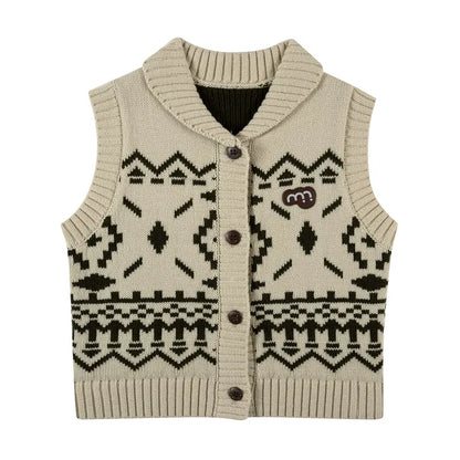 ベスト Khaki / 90cm ニットベスト フェアアイル柄 ウール混紡 Vネック プルオーバー【mh0011313】